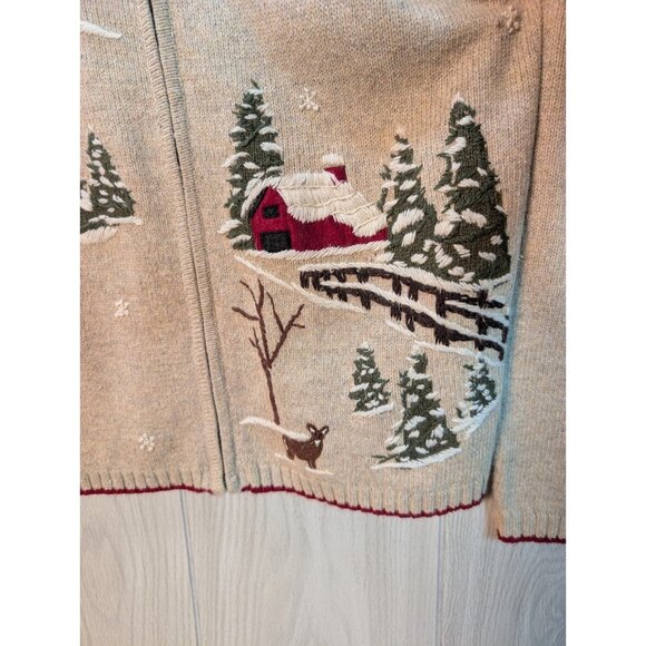 Croft & Barrow Women Sweater Full Zip Large Beige Graphic Snowman Tree NWT - Picture 2 of 8